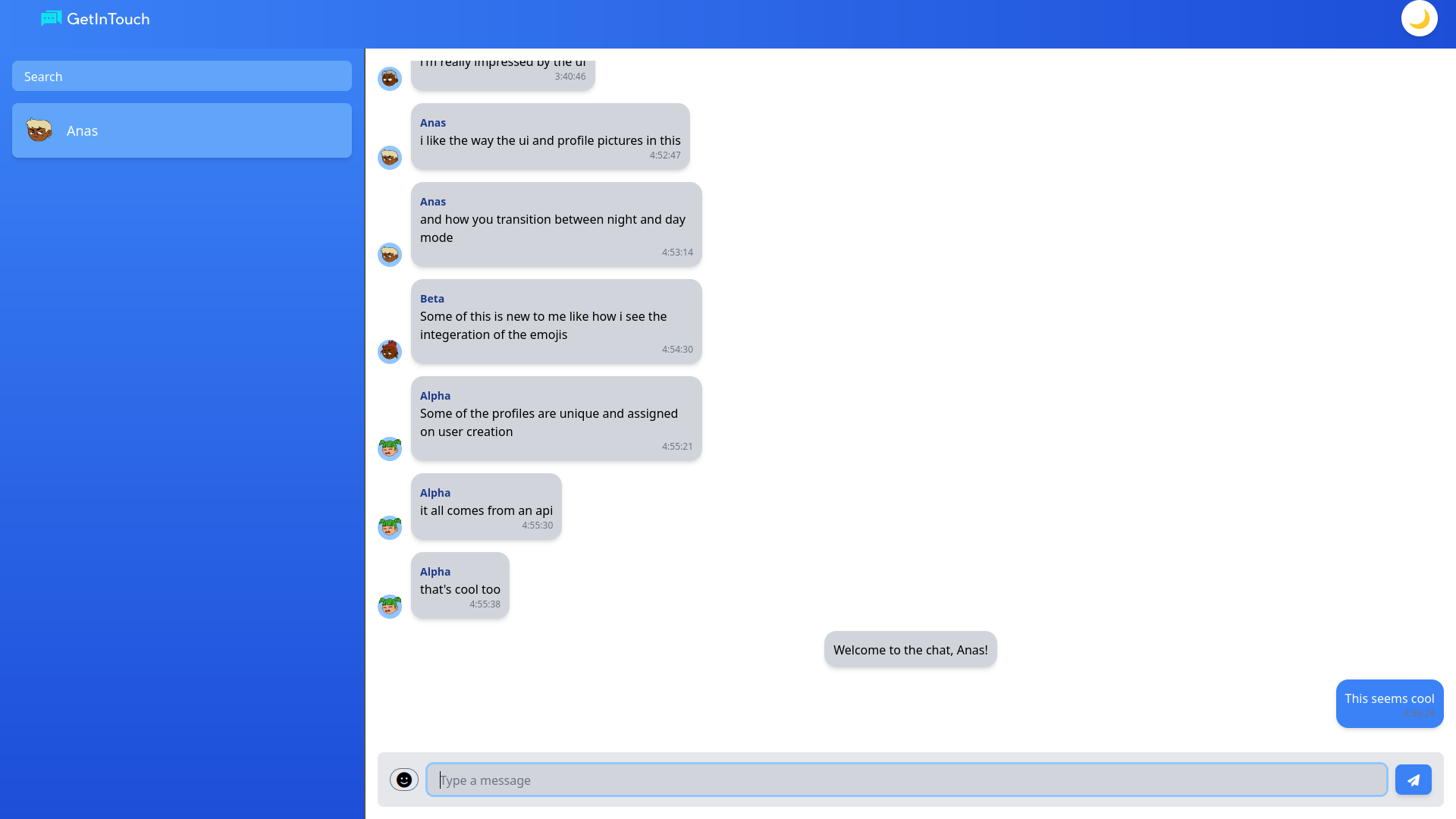 Showcase of Get In Touch Chat App Page